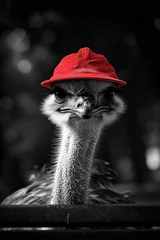 Fotobehang Black and white portrait of an ostrich with a red cap, generated with AI © sch_ai