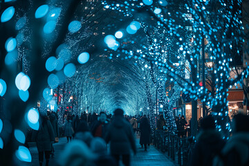 Tokyo Christmas neon trees people walking on the street