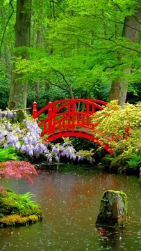 Small bridge in Japanese garden, Park Clingendael, The Hague, Netherlands in the rain