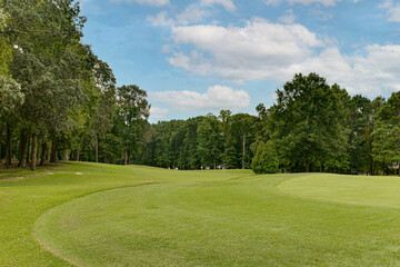 Picturesque Golf Course Landscape with Curved Green Fairway Amidst Dense Forest Under a Cloudy Sky...