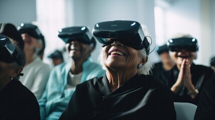 Immersive Elderly Care: Seniors Embrace Futuristic VR Experience in a Nursing Home Setting. Generative AI - obrazy, fototapety, plakaty