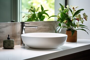 Stunning plants near sink on bathroom counter. Interior design features.