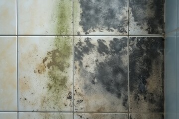 Black and green mold on shower grouted joints and ceramic wall in bathroom corner.