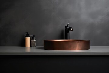 Loft bathroom with vintage copper faucet, mirror, and minimalistic interior details, featuring a black sink and gray wall.