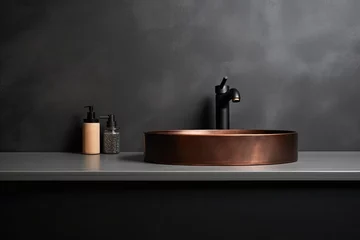 Foto op Plexiglas Loft bathroom with vintage copper faucet, mirror, and minimalistic interior details, featuring a black sink and gray wall. © The Big L