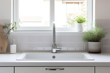Stylish kitchen interior featuring modern tap and ceramic sink.