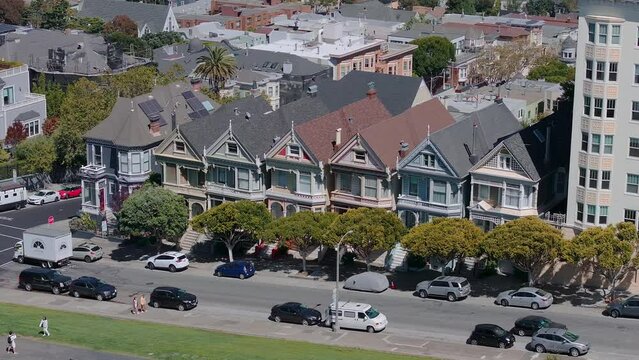 Painted Ladies Victorian houses in Alamo Square. San Francisco, California cityscape at Alamo Square. It is the row of Victorian houses at Steiner.