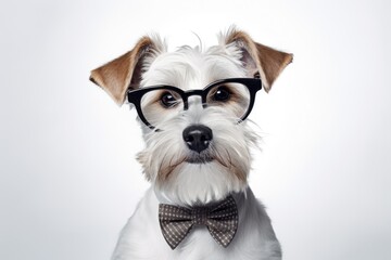 Portrait of a classy dog in glasses, shirt, and black tie on white background.