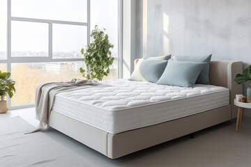 New mattress by window in cozy room promotes restful sleep.