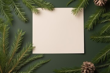 Christmas tree branches used in a creative layout with paper cards, representing Nature's New Year concept.
