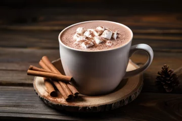 Fotobehang Hot chocolate on a wooden backdrop. © The Big L