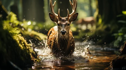 Gordijnen deer in the water © natalikp