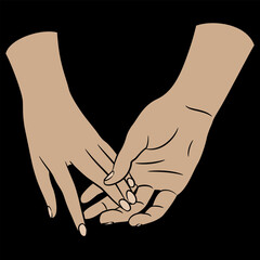 Two holding hands of lovers. Romantic design. Cartoon style. On black background.