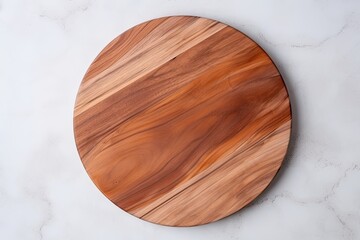 Empty wooden pizza platter on white kitchen table, top view.