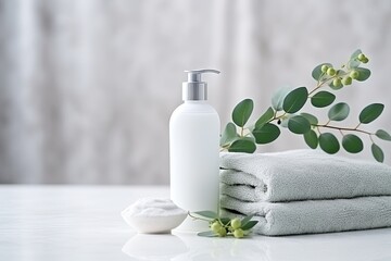 White table with eucalyptus cosmetic spa product.