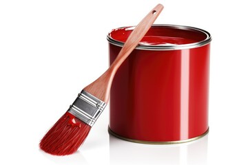 Isolated white background with red paint and brush tin.