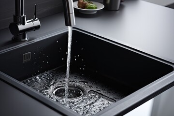 Wet metal drain on matt black kitchen sink. - obrazy, fototapety, plakaty