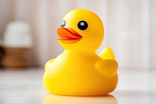 Kids' bath time toy: yellow rubber duck isolated on white background, with clipping path.