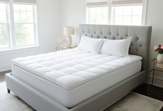 Modern bedroom with a mattress topper, viewed from an angle.