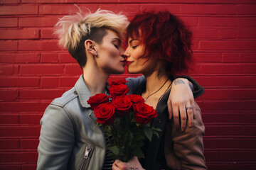 couple of young women kissing smiling, in love, valentine, with bouquet of red roses, gay lesbian girls short blond red hair, outdoors, brick wall, close-up, queer lgbtq girlfriends, partners, happy - obrazy, fototapety, plakaty