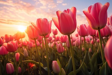 Tulip fields.Pink, yellow, red tulips in the spring