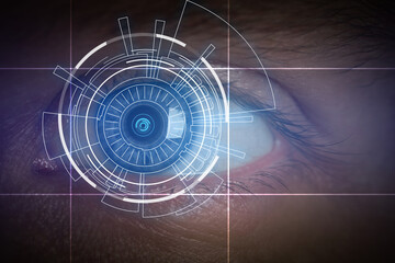 Facial and iris recognition. Man with digital biometric scan, closeup
