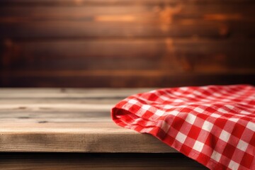 Picnic cloth with red checker pattern on wooden table, empty space. Towel covering blurred kitchen background.