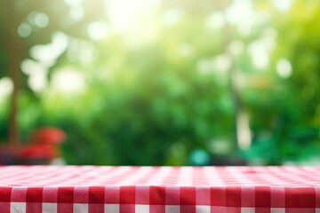 Green bokeh abstract background for product display or design layout, with red checkered tablecloth texture.