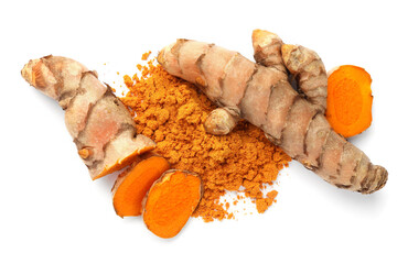 Aromatic turmeric powder and raw roots isolated on white, top view
