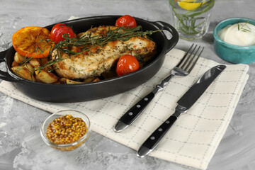 Tasty chicken, vegetables, drink with tarragon and salad dressings served on grey table