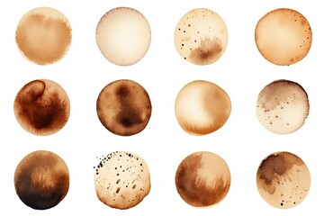 Coffee stains isolated on white background, high-quality free stock image of coffee and tea stains. Round isolated coffee stain, cafe fleck drink.