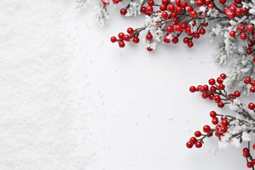 Festive winter scene with snow-covered ground, Christmas tree branches, and red berries, providing space for text.