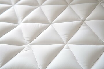 White orthopedic mattress with pattern on unmade bed in bedroom. Hypoallergenic foam mattress for spine alignment and pressure relief. Background, copy space, close up.