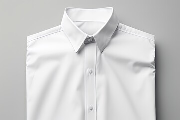 Close-up mockup of a white button-up shirt with branded logo on a gray background. Customizable design for school uniforms.
