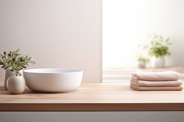 Fototapeta na wymiar Wooden tabletop against blurred bathroom background, key visual design