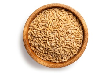 Isolated wooden bowl of wheat grains on white background, top view.