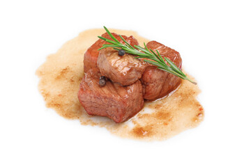 Pieces of delicious cooked beef, rosemary and peppercorns isolated on white. Tasty goulash