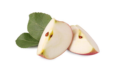 Pieces of fresh ripe apple and green leaves isolated on white