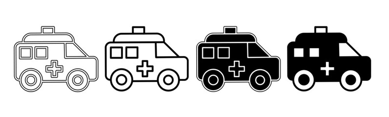Black and white illustration of a ambulance. Ambulance icon collection with line. Stock vector illustration.