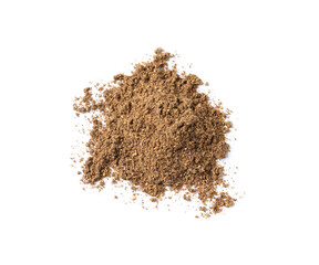 Heap of aromatic caraway (Persian cumin) powder isolated on white, top view