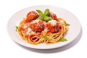 Delicious Italian pasta dish with meatballs parmesan cheese and tomato sauce on a plate Overhead shot on white background