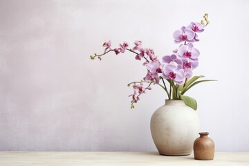 Orchid floral arrangement on rustic table with light background.