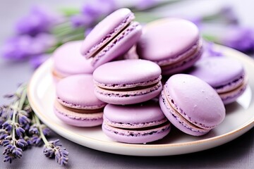 Obraz na płótnie Canvas French macarons flavored with lavender and topped with fresh lavender flowers