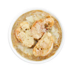 Delicious onion soup with croutons in bowl isolated on white, top view