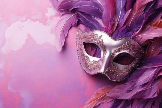 Flat aerial image of purple silver carnival mask for carnaval holiday background. Table view on rustic pink paper at home office studio.