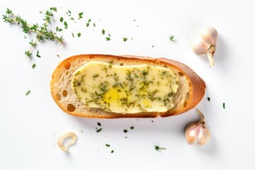 Garlic butter on Baguette bread with seasoning, on a white background. - Powered by Adobe