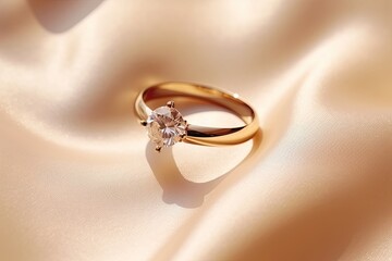 Creative still life photograph of gold ring with diamond on beige background, featuring shadows and geometric props.