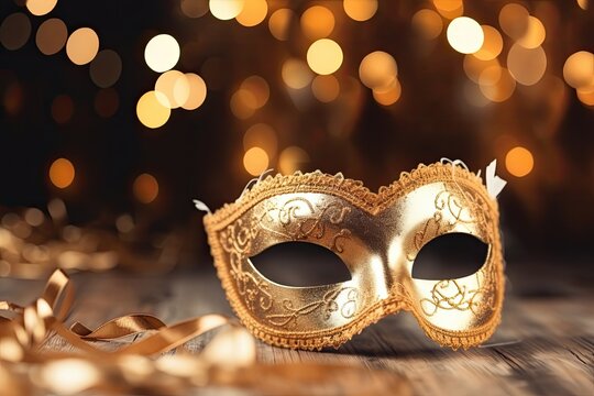 Masquerade party concept with a golden Venetian ball mask under night bokeh lights.