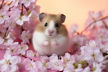 Happy Syrian Hamster posing with cherry blossoms on a pink backdrop Cute pet portrait in a spring studio