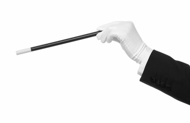 Magician holding wand on white background, closeup